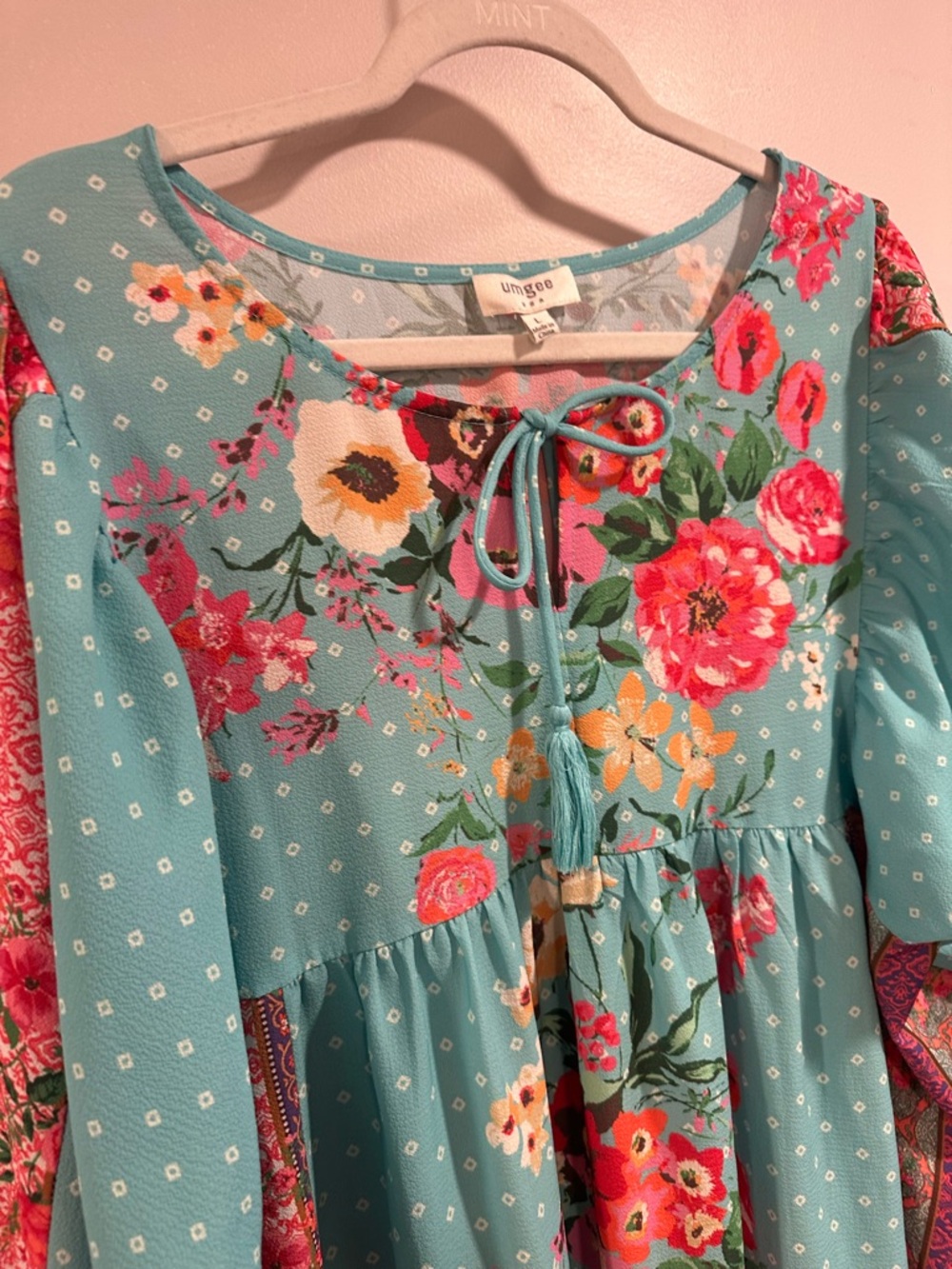 Umgee Boho Mixed Floral Print Babydoll Dress Teal Tassel Long Sleeve Ocean Large - Picture 7 of 16
